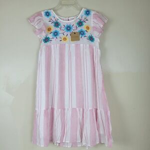 Blu Pepper Womens Small Pink White Striped Floral Embroidered Flutter Mini Dress